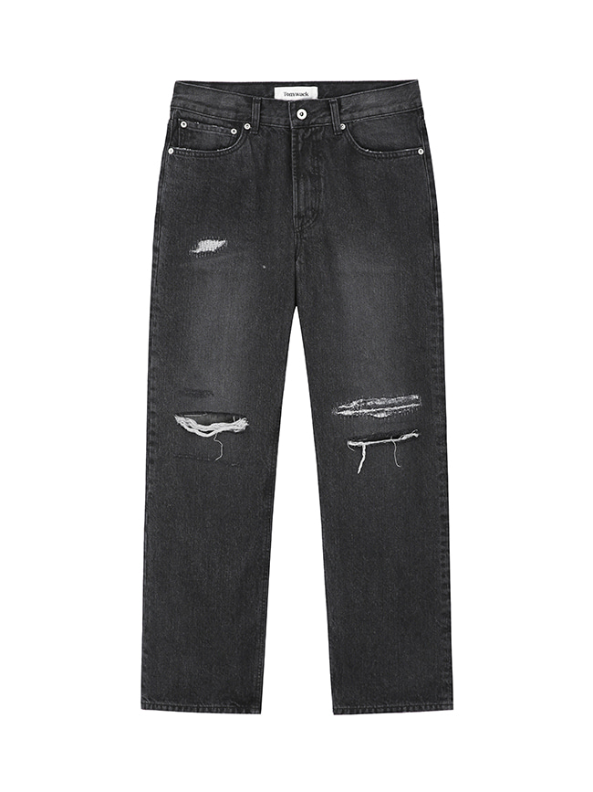 토니웩_ Destroyed Straight Cut denim Jeans [Washed Black]