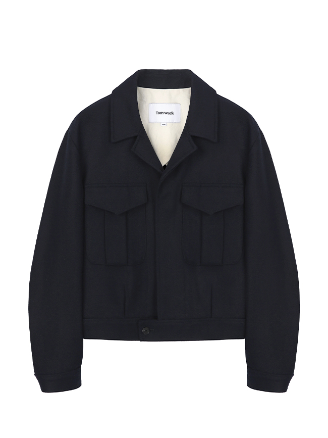 토니웩_ Wool-blend Military cropped jacket [Navy]