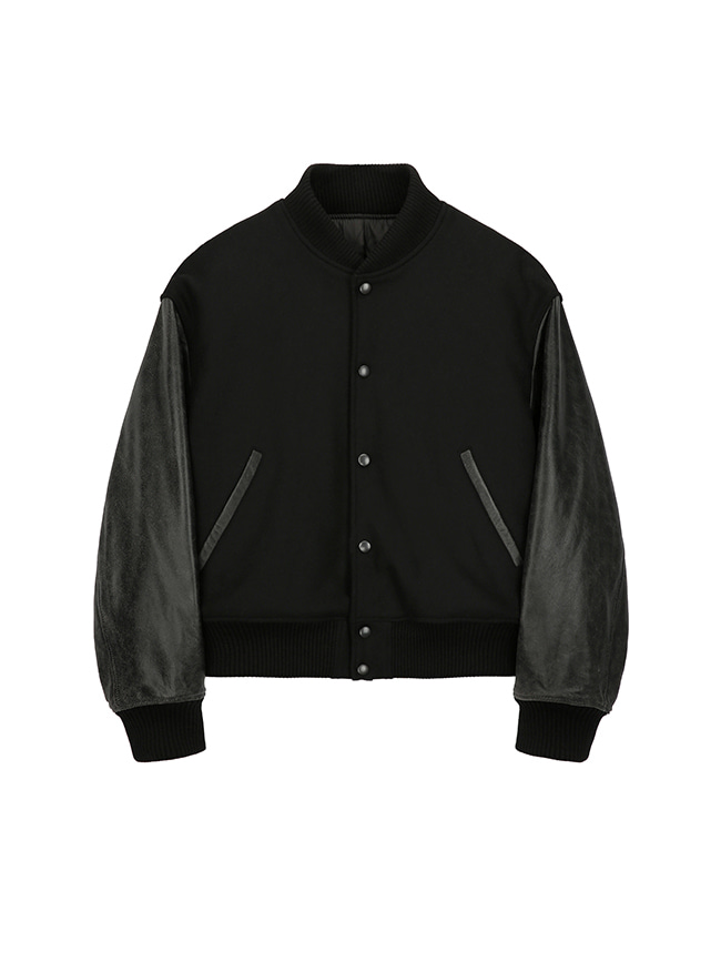 토니웩_ Distressed Leather Varsity Jacket [Black]