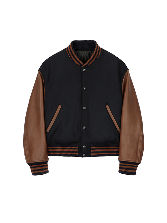 토니웩_ Grain Leather Varsity Jacket [Navy / Amber Brown]