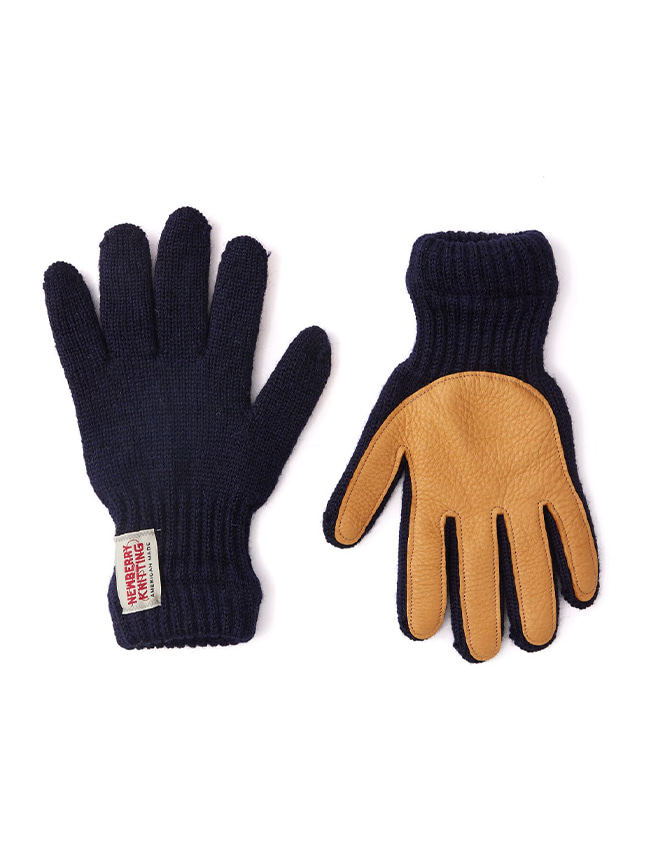 뉴베리니팅_ Deer Leather Wool Gloves [Navy x Tan]