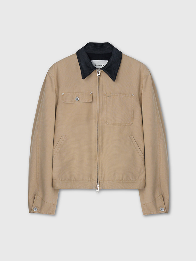 토니웩_ Leather Collar Garment-Washed Rivet Work Jacket [Faded Beige]
