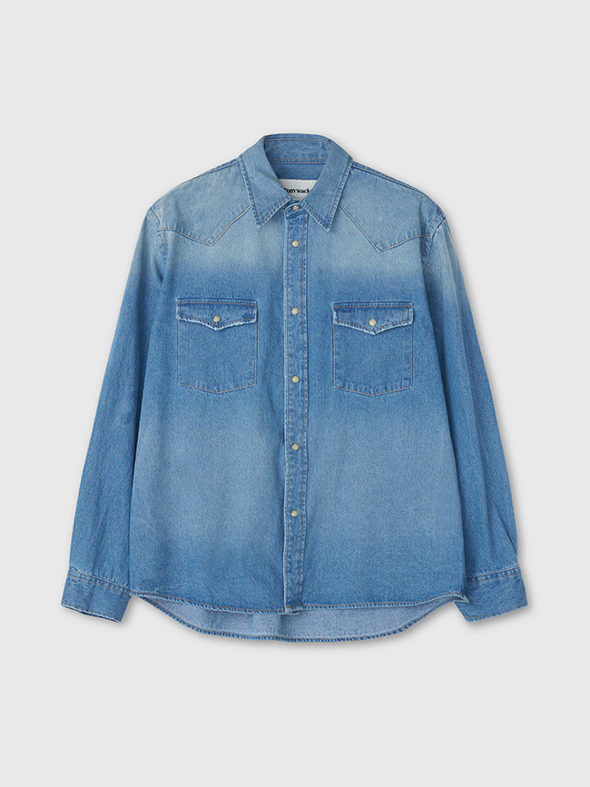 토니웩_ Organic Denim Distressed Western Shirt [Washed Blue]