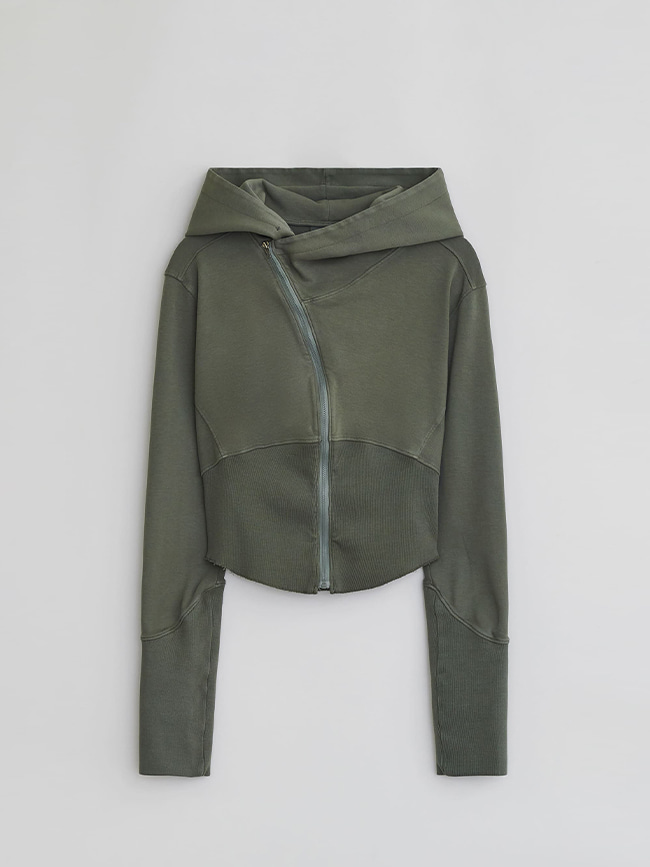 ÉÉ_ WOMENS CURVED HOODED SWEAT ZIP JACKET [OLIVE]