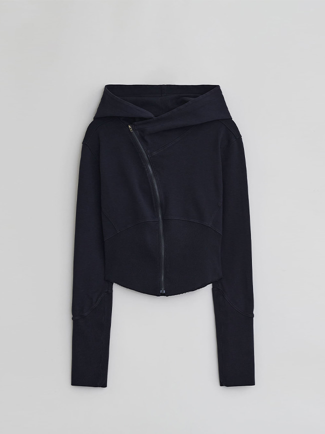 ÉÉ_ WOMENS CURVED HOODED SWEAT ZIP JACKET [NAVY]